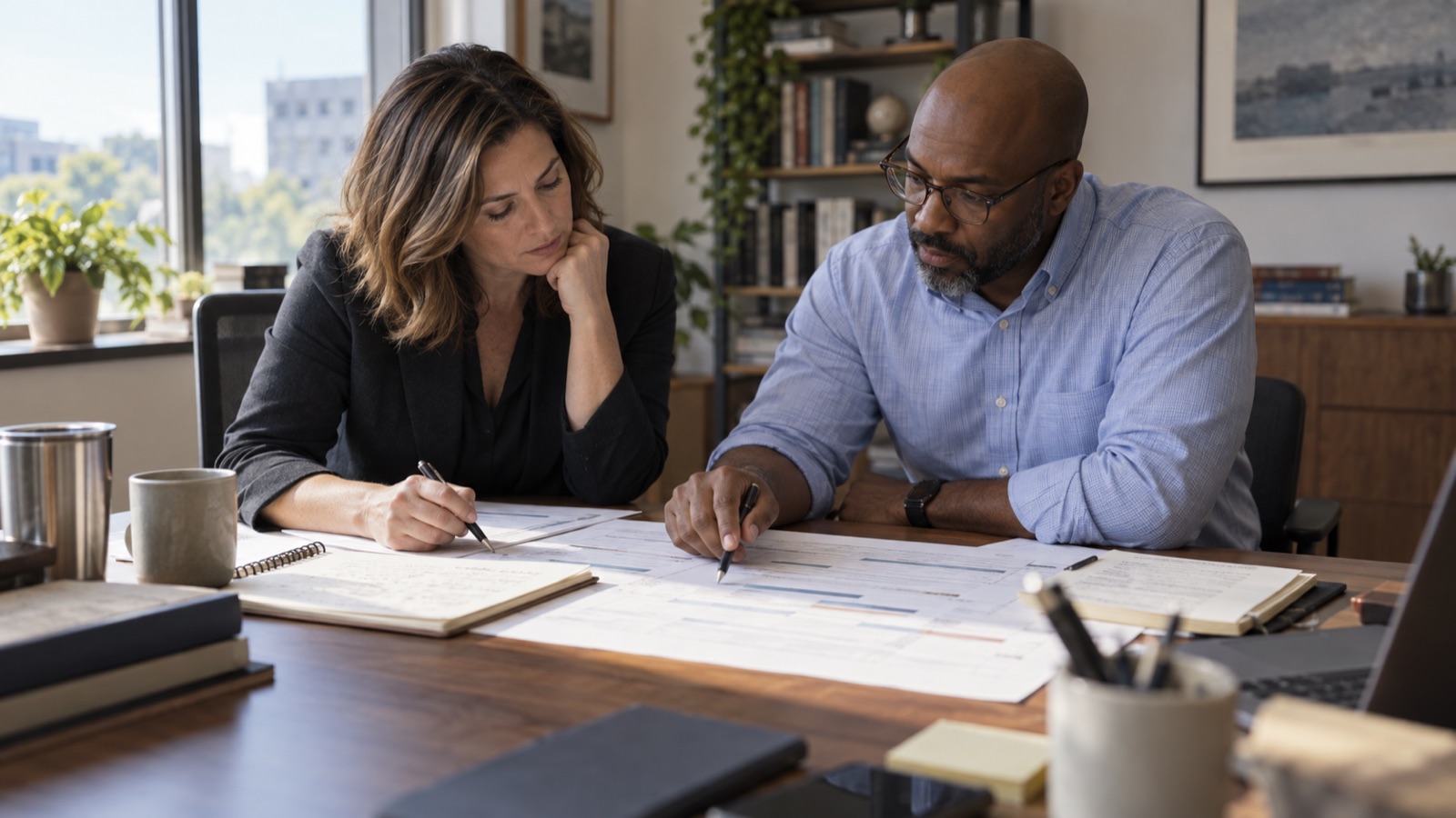 A small federal capture team reviewing an award timeline together in an office